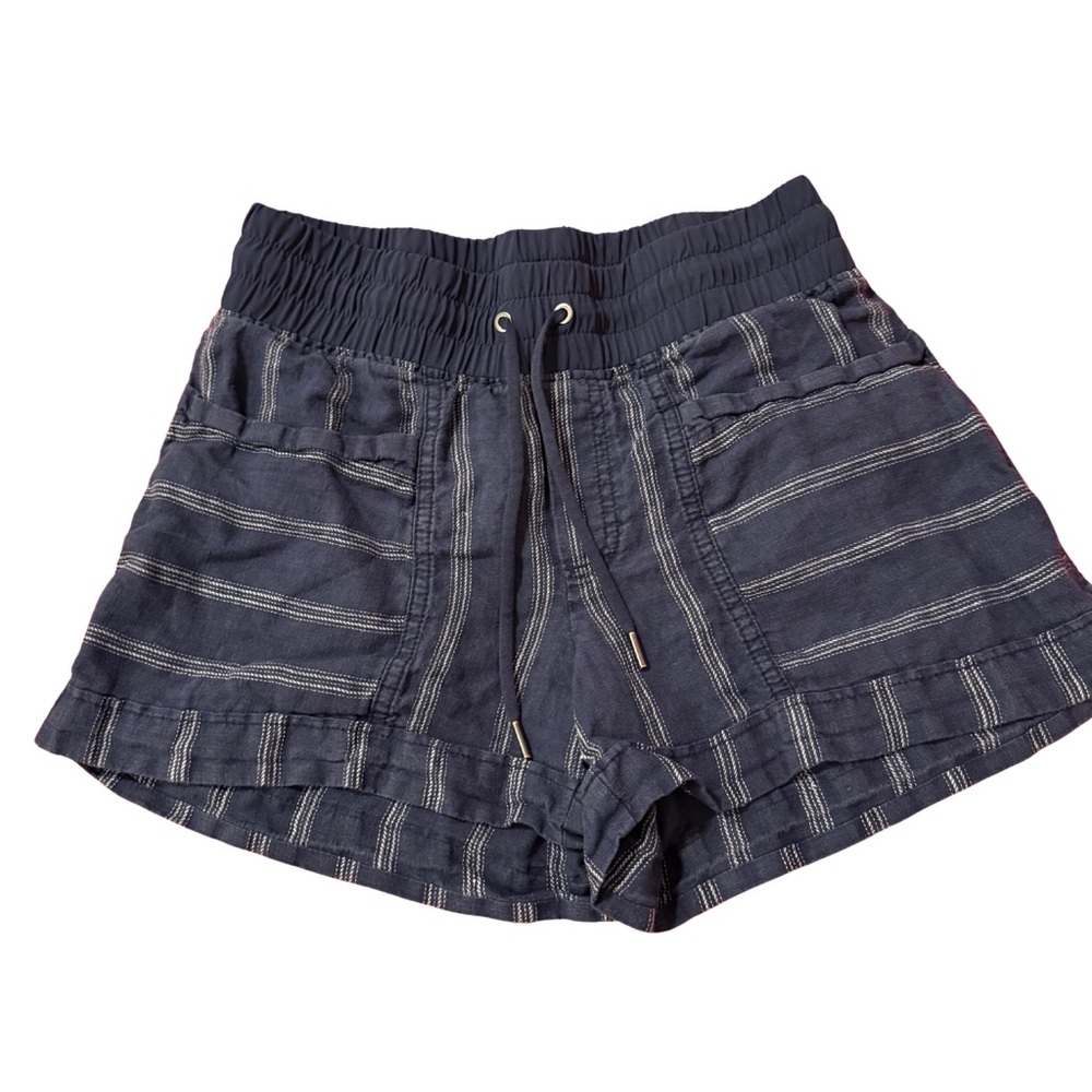 Athleta Navy Blue Striped Linen Drawstring Shorts – Women’s Size 4 Elastic Waist
